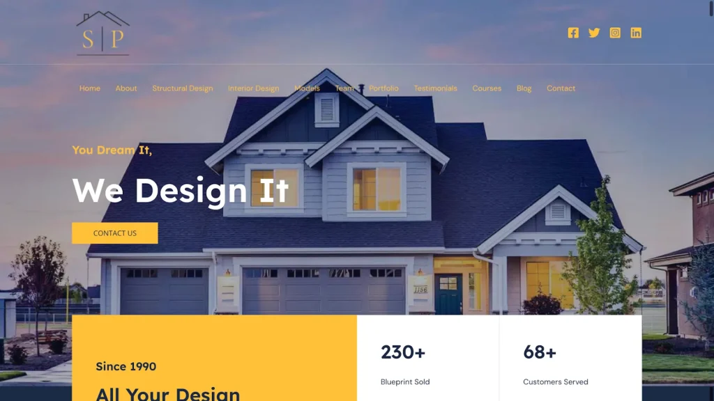 Builder website template for architects with portfolio, online courses, and store for construction, design and home services