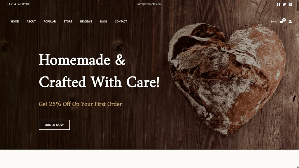 Cottage bakery website template for sourdough bread with one-page design and user-friendly navigation and seven sections.