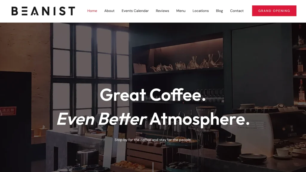 Website template with navigation bar, cafe menu, events calendar, user generated content, reviews and social networking