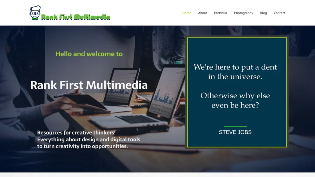 Photography website with graphic design tech, online portfolio, digital marketing, business and social media content tips