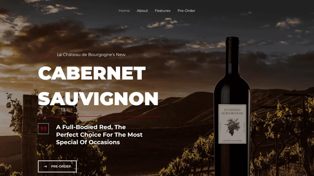 Elegant website for premium wine product launch with intuitive navigation and refined product photography for event marketing