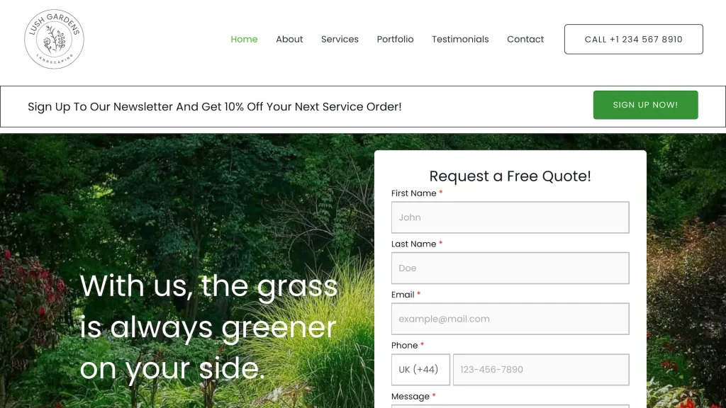 Landscaping and home service website template with chatbot, newsletter signup form and call to action to boost conversions