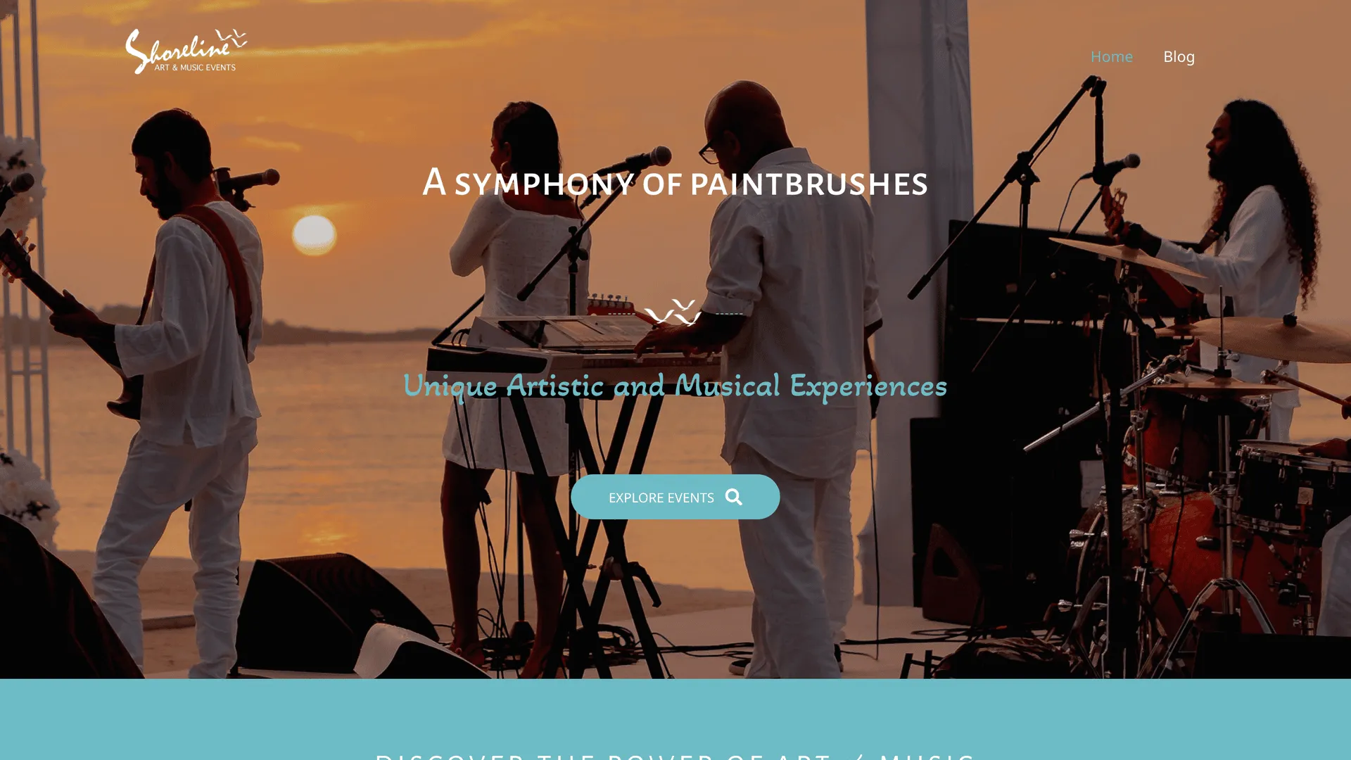 Vibrant website design with photo of a band playing, a music events calendar (festivals and concerts) and art classes & workshops
