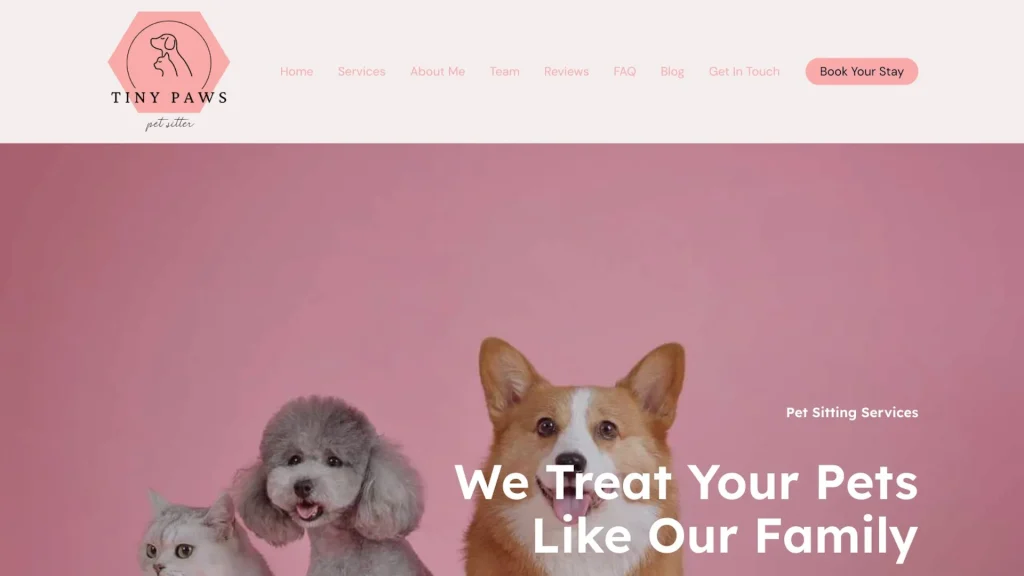 Pet sitter website template or dog groomer or pet service with modern layout, navigation bar, and automated booking system.